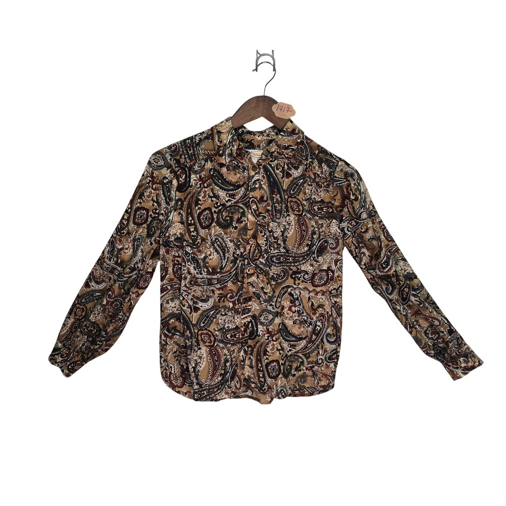 Talbots Petites Vintage Silk Blend Paisley Button Up Blouse Gold Brown Size 0P